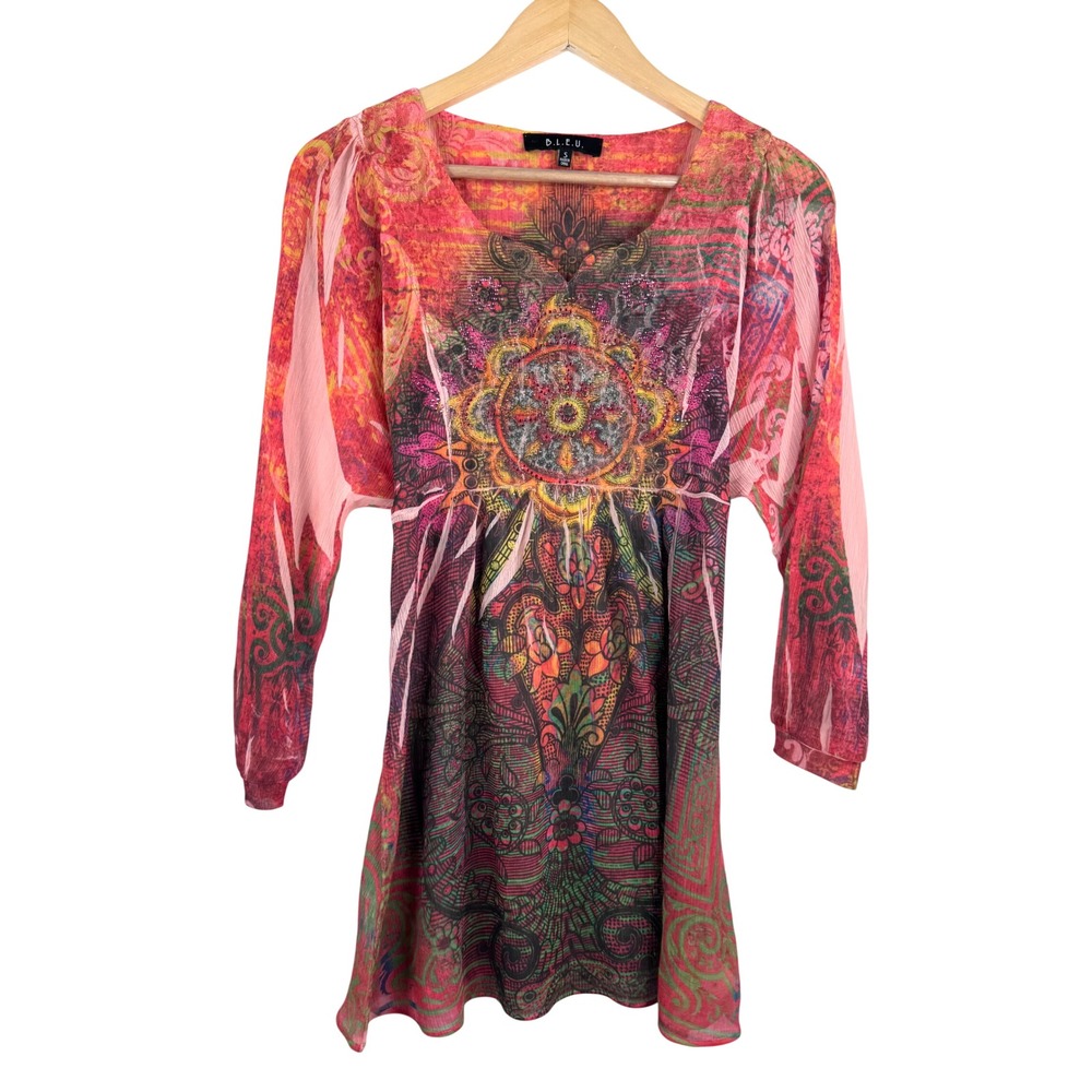B.L.E.U. sz S Pink Paisley Mandala Sheer Chiffon Rhinestone Tunic Top lace
